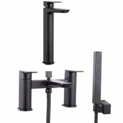Astini Crane Tall Matt Black Bathroom Basin & Bath Shower Mixer Tap Pack Set