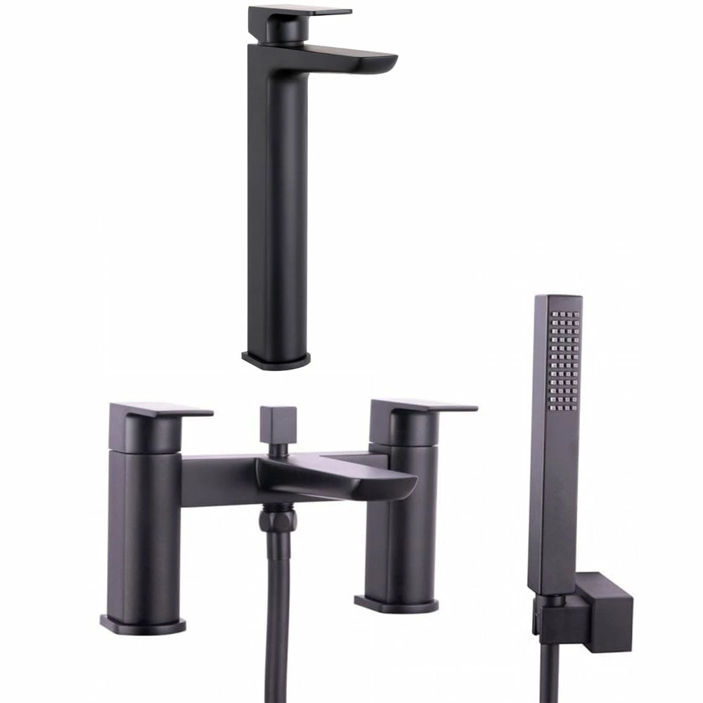 Astini Crane Tall Matt Black Bathroom Basin & Bath Shower Mixer Tap Pack Set 3 Astini Crane Tall Matt Black Bathroom Basin & Bath Shower Mixer Tap Pack Set