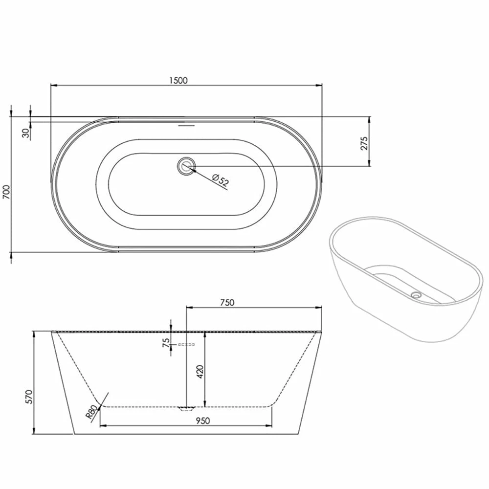 Astini Indigo Double Ended Freestanding 1500x700mm Bath Tub & Waste 4 Astini Indigo Double Ended Freestanding 1500x700mm Bath Tub & Waste - Image 2