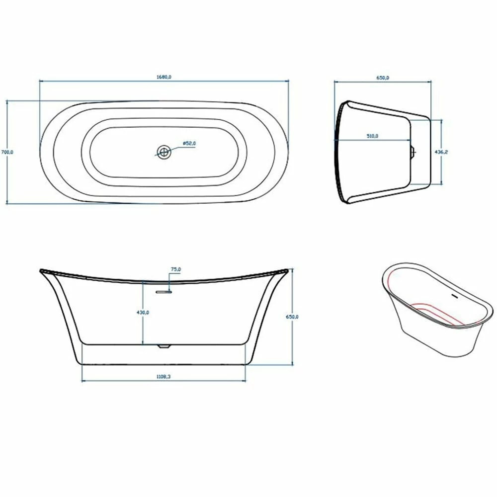 Astini Milla Double Ended Freestanding 1680x700mm Bath Tub & Waste 4 Astini Milla Double Ended Freestanding 1680x700mm Bath Tub & Waste - Image 2