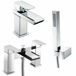 Astini Oval Waterfall Chrome Bathroom Basin & Bath Shower Mixer Tap Pack Set
