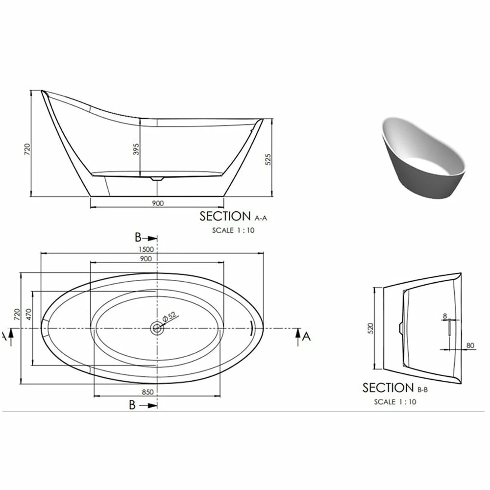 Astini Scoop Single Ended Freestanding 1500x720mm Bath Tub & Waste 4 Astini Scoop Single Ended Freestanding 1500x720mm Bath Tub & Waste - Image 2