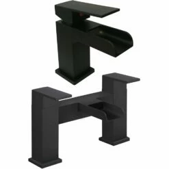 Astini Straight Waterfall Matt Black Bathroom Basin & Bath Mixer Tap Pack Set