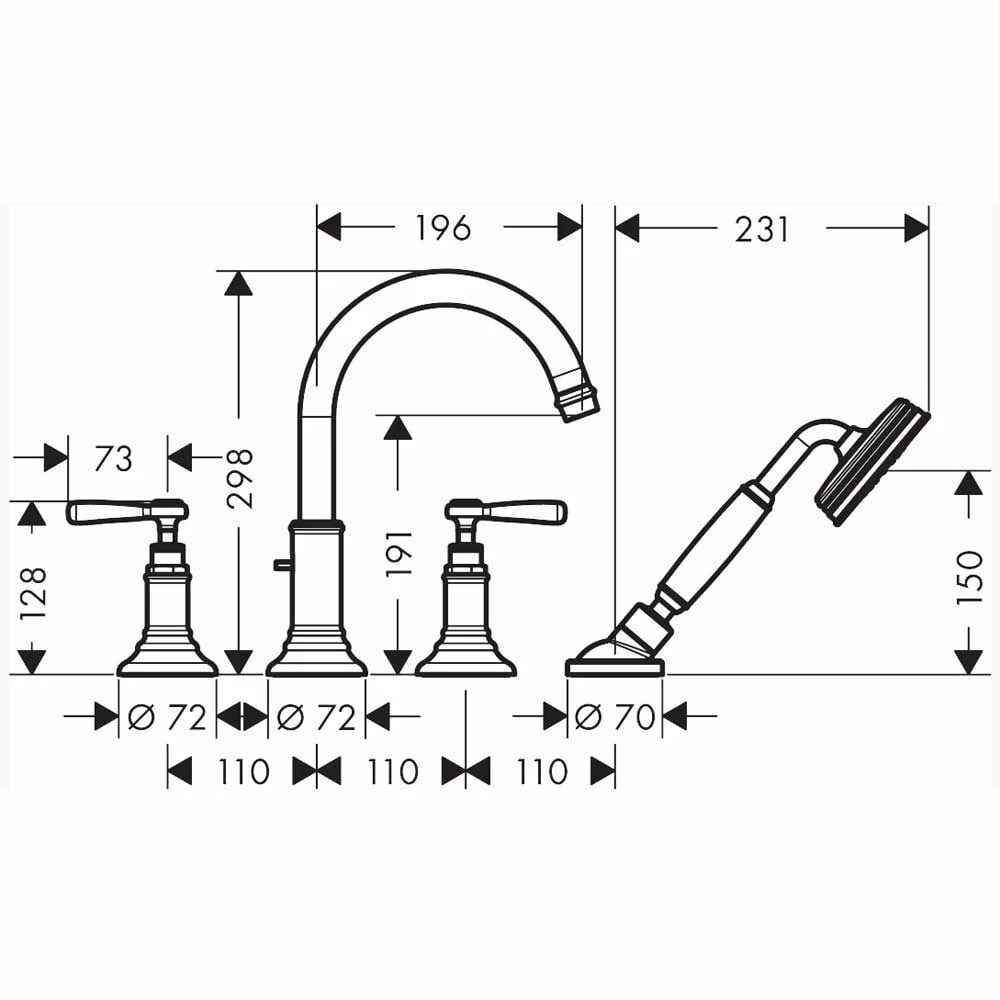 AXOR Montreux Chrome 4 Hole Rim Mounted Bath Mixer Tap With Lever Handles 4 AXOR Montreux Chrome 4 Hole Rim Mounted Bath Mixer Tap With Lever Handles - Image 2