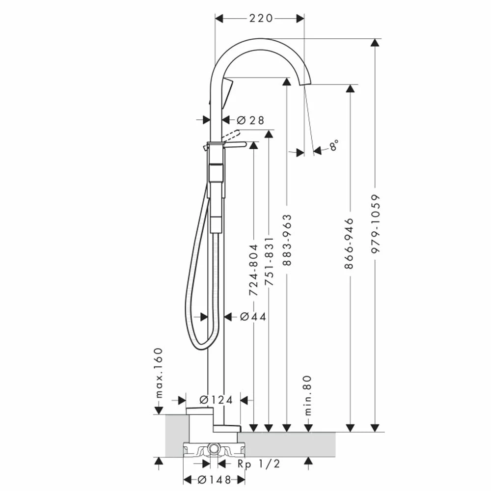 AXOR One Chrome Single Lever Floor Standing Bath Mixer Tap 4 AXOR One Chrome Single Lever Floor Standing Bath Mixer Tap - Image 2