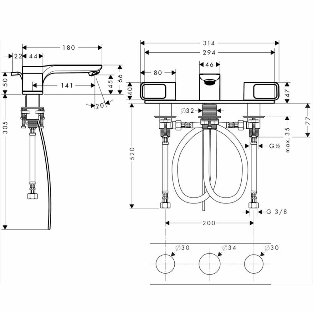 AXOR Urquiola Chrome 3-Hole Basin Mixer Tap 50 With Plate & Pop-Up Waste 7 AXOR Urquiola Chrome 3-Hole Basin Mixer Tap 50 With Plate & Pop-Up Waste - Image 5