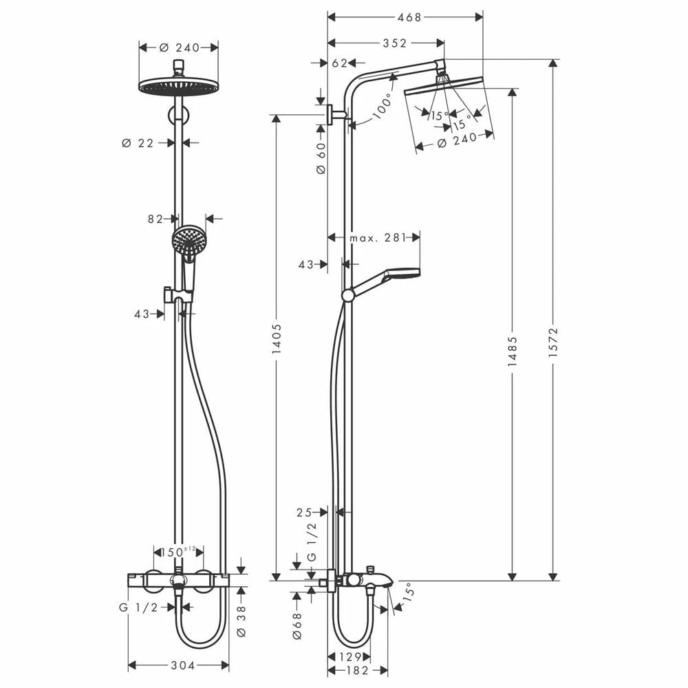 Hansgrohe Croma E Chrome 280 1Jet Showerpipe EcoSmart 9 L/min With Thermostatic 4 Hansgrohe Croma E Chrome 280 1Jet Showerpipe EcoSmart 9 L/min With Thermostatic - Image 2