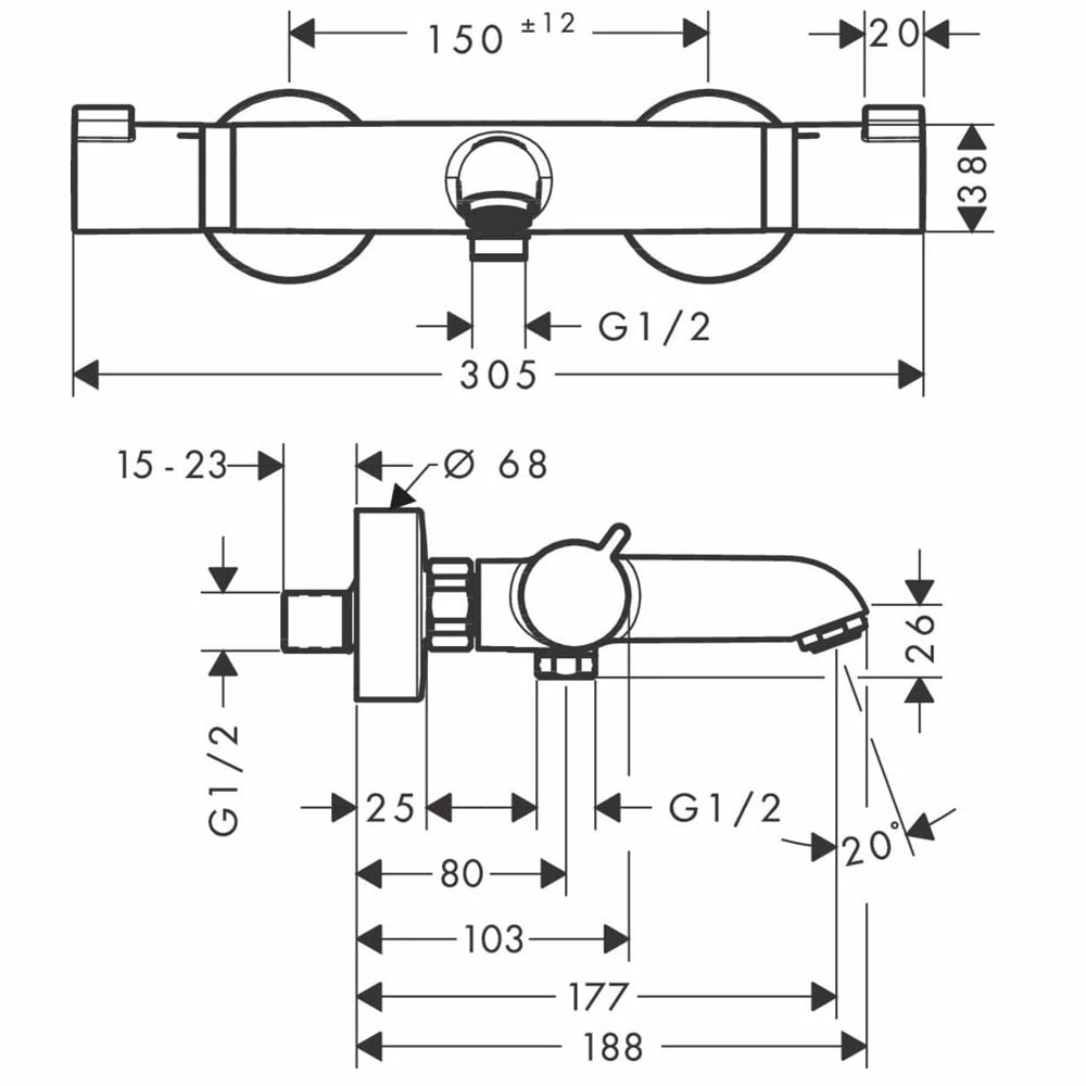 Hansgrohe Ecostat Chrome Exposed Thermostatic Bath Mixer Tap 4 Hansgrohe Ecostat Chrome Exposed Thermostatic Bath Mixer Tap - Image 2