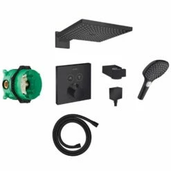 Hansgrohe Square Select Black Concealed Valve, 300 Overhead & Thermostatic Mixer