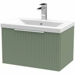 Hudson Reed Fluted Satin Green 600mm Wall Hung Single Drawer Vanity & Basin 1
