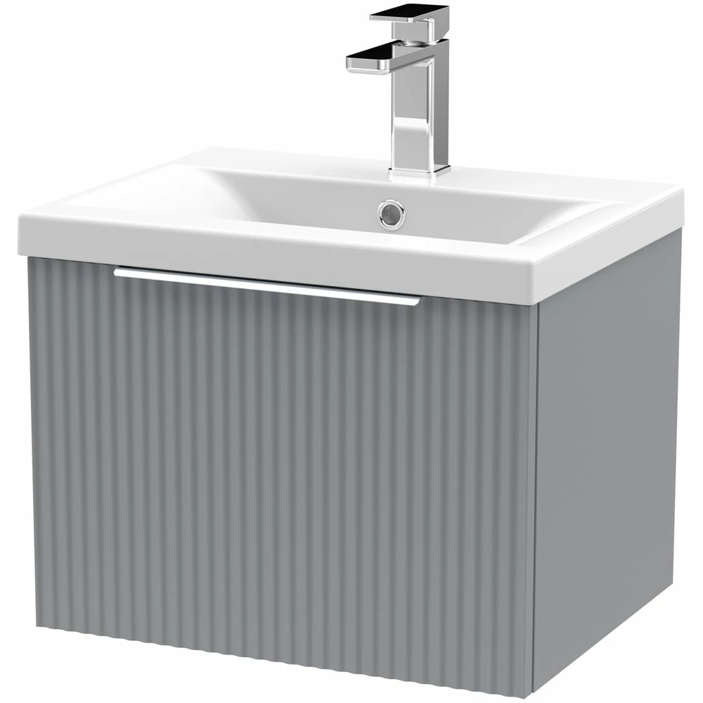 Hudson Reed Fluted Satin Grey 500mm Wall Hung Single Drawer Vanity Unit & Basin 1 3 Hudson Reed Fluted Satin Grey 500mm Wall Hung Single Drawer Vanity Unit & Basin 1