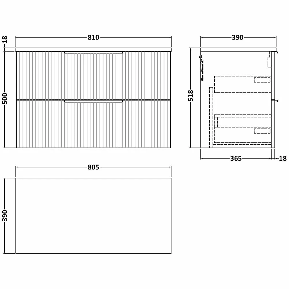 Hudson Reed Fluted Satin Grey 800mm Wall Hung 2-Drawer Vanity Unit & Worktop 5 Hudson Reed Fluted Satin Grey 800mm Wall Hung 2-Drawer Vanity Unit & Worktop - Image 3