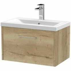 Hudson Reed Juno Autumn Oak 600mm Wall Hung Single Drawer Vanity Unit & Basin 1