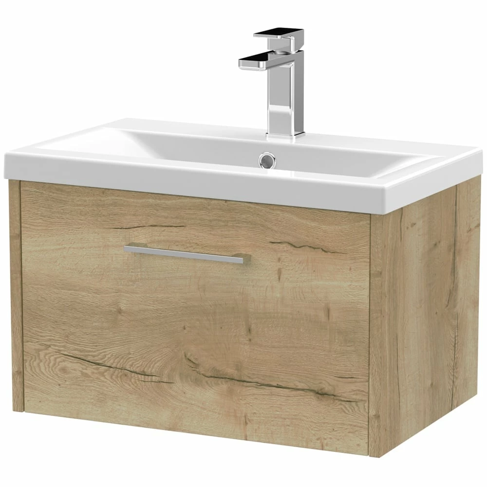 Hudson Reed Juno Autumn Oak 600mm Wall Hung Single Drawer Vanity Unit & Basin 1 3 Hudson Reed Juno Autumn Oak 600mm Wall Hung Single Drawer Vanity Unit & Basin 1