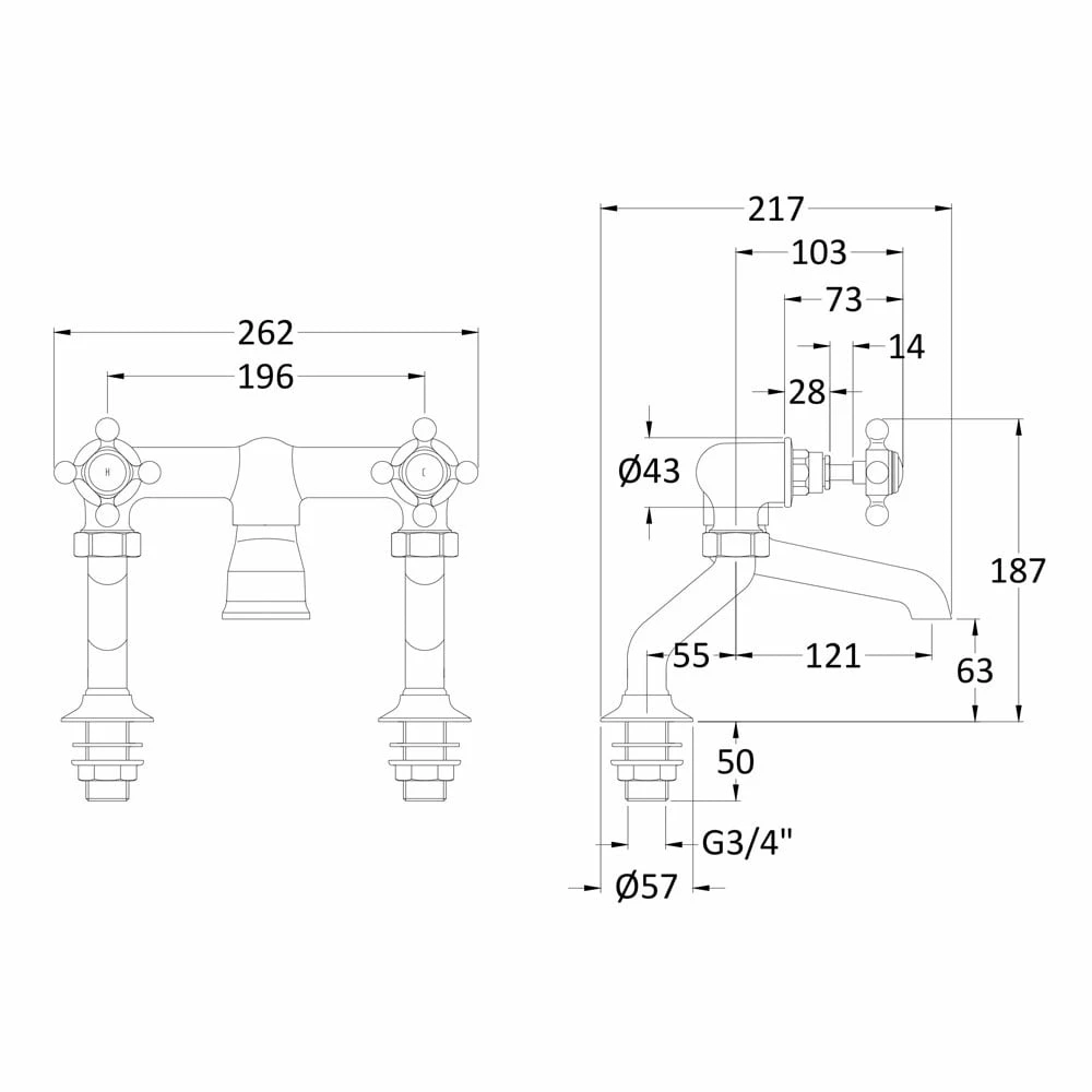 Hudson Reed Topaz White Cross Handle Deck Mounted Bath Filler Tap - BC303HX 4 Hudson Reed Topaz White Cross Handle Deck Mounted Bath Filler Tap - BC303HX - Image 2