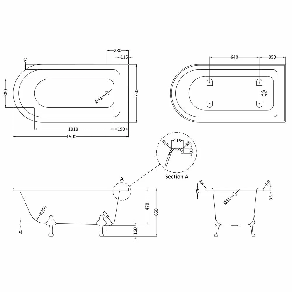 Hudson Reed Winterburn 1500mm Freestanding Shower Bath & Pride Leg Set 6 Hudson Reed Winterburn 1500mm Freestanding Shower Bath & Pride Leg Set - Image 4