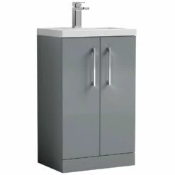Nuie Arno Compact Cloud Grey 500mm Floor Stading 2-Door Vanity Unit & Ceramic Basin
