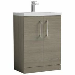 Nuie Arno Compact Solace Oak 600mm Floor Stading 2-Door Vanity Unit & Polymarble Basin