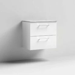 Nuie Arno Gloss White 600 Wall Hung 2-Drawer Vanity Unit & Laminate Top -TAPS UK Sales nuie arno gloss white 600 wall hung 2 drawer vanity unit laminate top p56948 259435 image