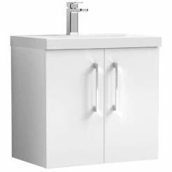 Nuie Arno Gloss White 600mm Wall Hung 2-Door Vanity Unit & Basin 1