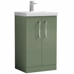 Nuie Arno Satin Green 500mm Floor Stading 2-Door Vanity Unit & Basin 1