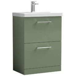 Nuie Arno Satin Green 600mm Floor Stading 2-Drawer Vanity Unit & Basin 1