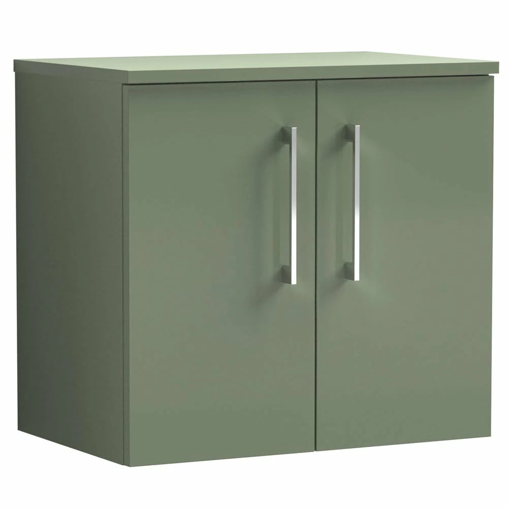Nuie Arno Satin Green 600mm Wall Hung 2-Door Vanity Unit & Worktop 3 Nuie Arno Satin Green 600mm Wall Hung 2-Door Vanity Unit & Worktop