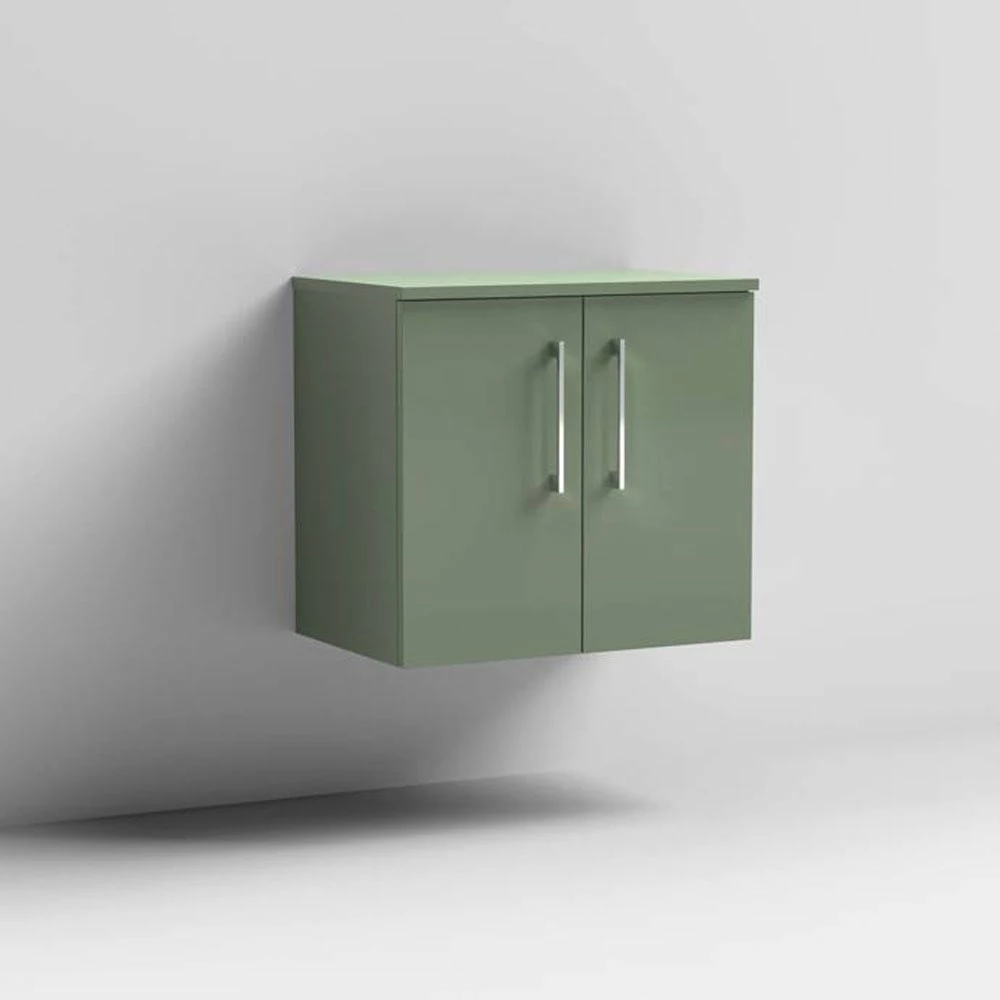 Nuie Arno Satin Green 600mm Wall Hung 2-Door Vanity Unit & Worktop 4 Nuie Arno Satin Green 600mm Wall Hung 2-Door Vanity Unit & Worktop - Image 2