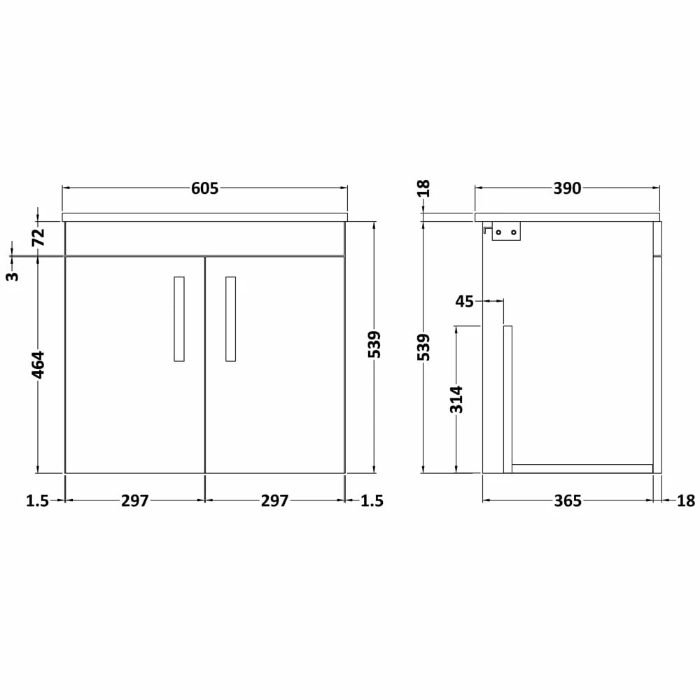 Nuie Athena Charcoal Black 600mm Wall Hung 2 Door Vanity Unit & Worktop 5 Nuie Athena Charcoal Black 600mm Wall Hung 2 Door Vanity Unit & Worktop - Image 3