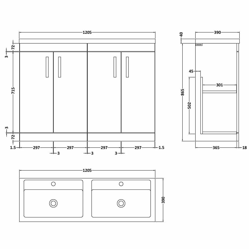 Nuie Athena Gloss Grey 1200mm Floor Standing Vanity & Double Basin ATH075C 5 Nuie Athena Gloss Grey 1200mm Floor Standing Vanity & Double Basin ATH075C - Image 3