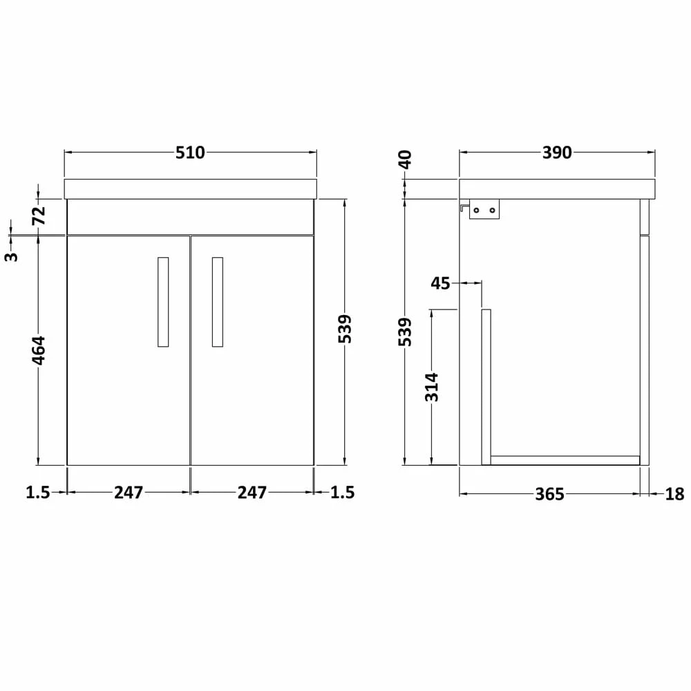 Nuie Athena Gloss White 500mm Wall Hung 2 Door Vanity Unit & Basin 1 6 Nuie Athena Gloss White 500mm Wall Hung 2 Door Vanity Unit & Basin 1 - Image 4