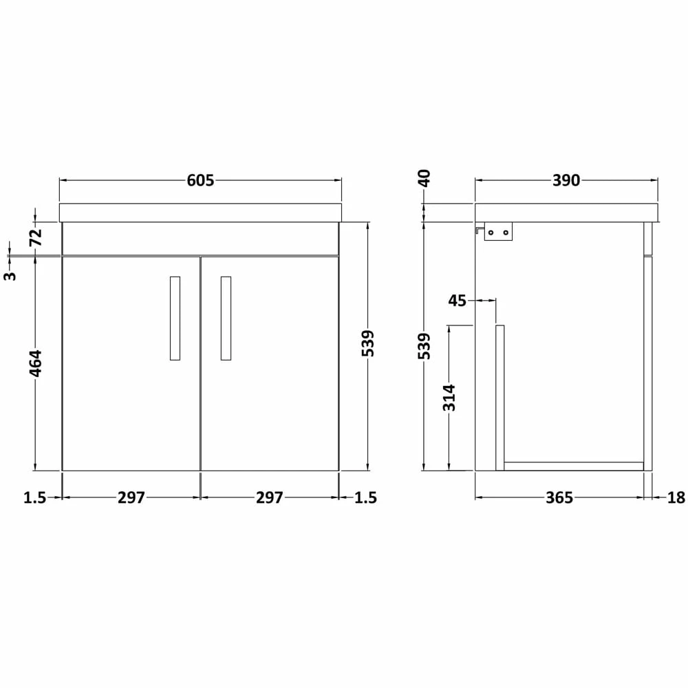 Nuie Athena Gloss White 600mm Wall Hung 2 Door Vanity Unit & Basin 1 6 Nuie Athena Gloss White 600mm Wall Hung 2 Door Vanity Unit & Basin 1 - Image 4