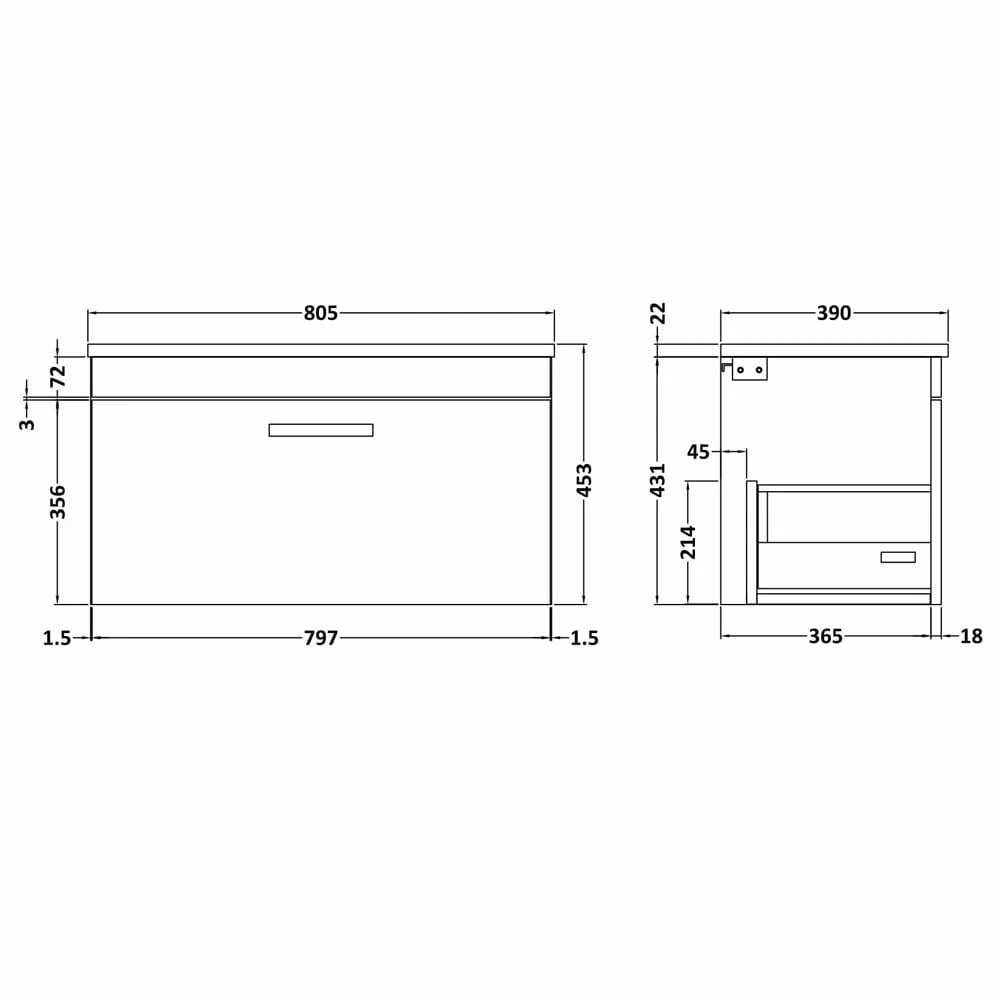 Nuie Athena Gloss White 800mm Wall Hung Vanity With Black Worktop ATH062LSB 6 Nuie Athena Gloss White 800mm Wall Hung Vanity With Black Worktop ATH062LSB - Image 4