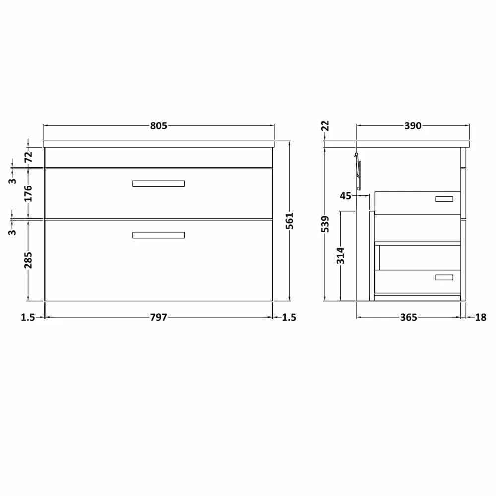 Nuie Athena Gloss White 800mm Wall Hung Vanity With Black Worktop ATH069LSB 6 Nuie Athena Gloss White 800mm Wall Hung Vanity With Black Worktop ATH069LSB - Image 4