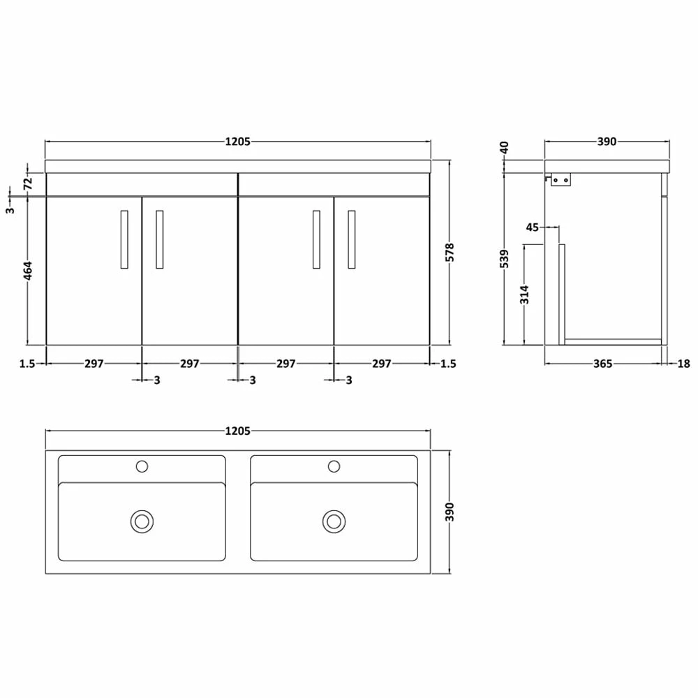 Nuie Athena Natural Oak 1200mm Wall Hung 4-Door Vanity Unit & Double Basin 5 Nuie Athena Natural Oak 1200mm Wall Hung 4-Door Vanity Unit & Double Basin - Image 3