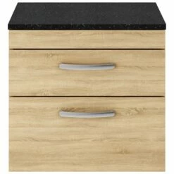 Nuie Athena Natural Oak 600mm Wall Hung Vanity With Black Worktop ATH045LSB