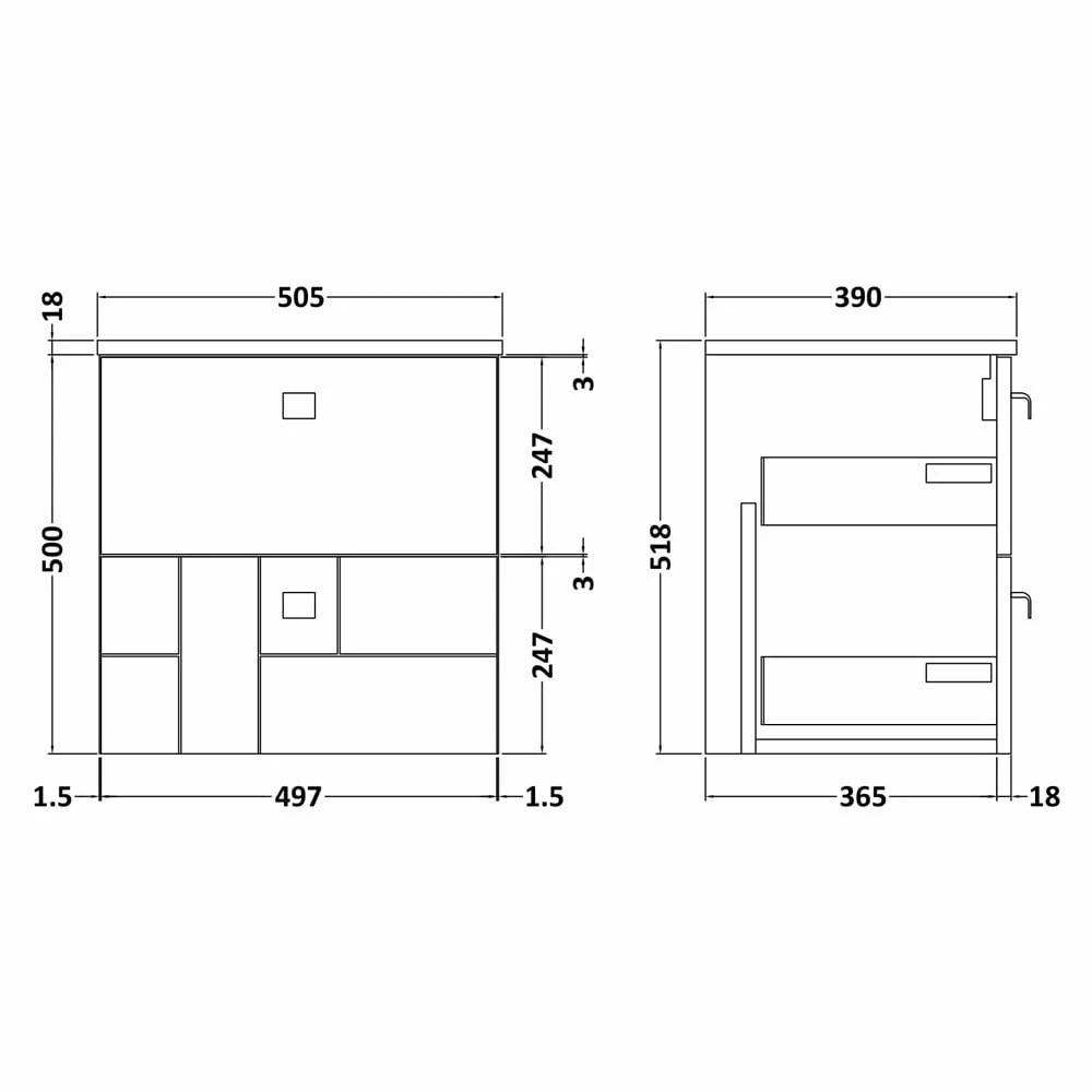 Nuie Blocks Satin Grey 500mm Wall Hung 2-Drawer Vanity Unit & Worktop - BLO205W 5 Nuie Blocks Satin Grey 500mm Wall Hung 2-Drawer Vanity Unit & Worktop - BLO205W - Image 3