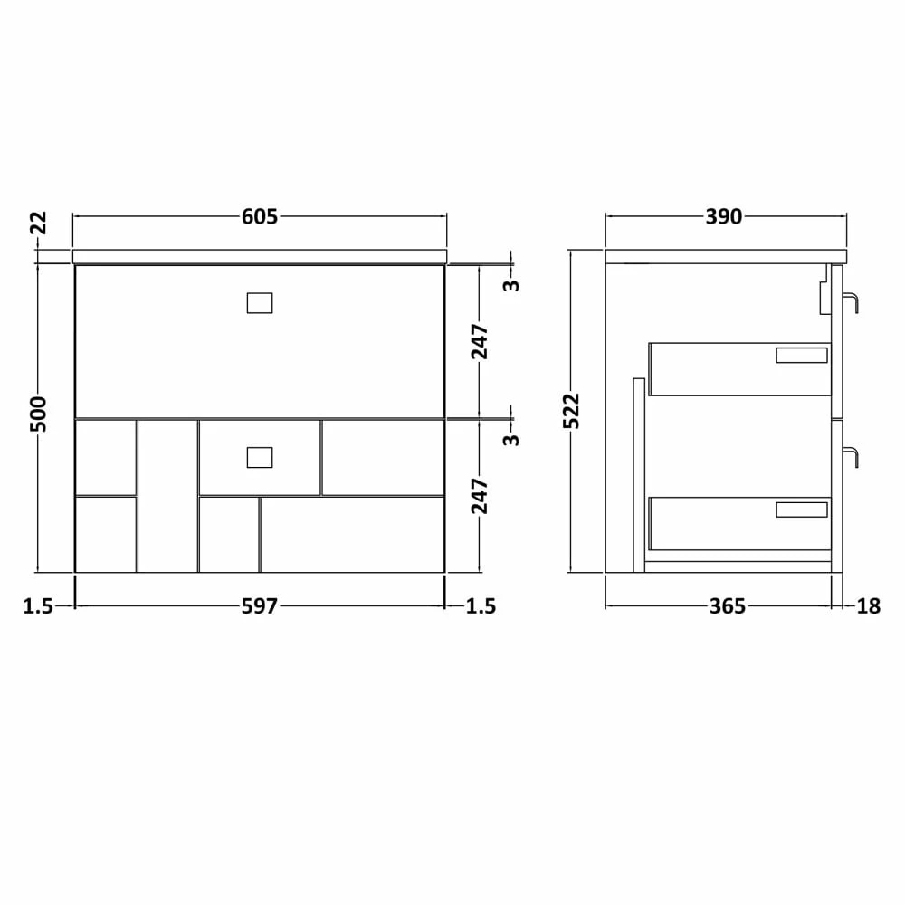 Nuie Blocks Satin Grey 600mm Wall Hung Vanity Unit & Grey Worktop BLO202LBG 6 Nuie Blocks Satin Grey 600mm Wall Hung Vanity Unit & Grey Worktop BLO202LBG - Image 4