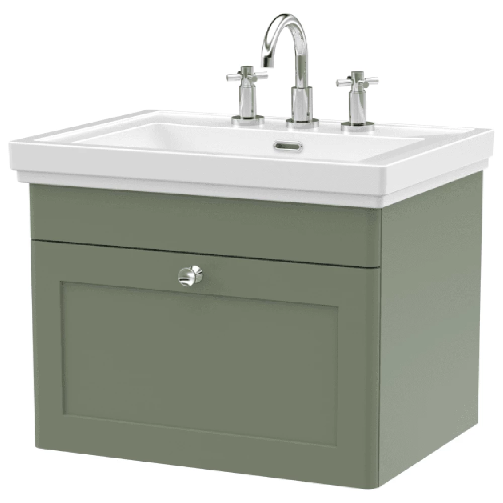 Nuie Classique Satin Green 600 Wall Hung 3-Drawer Vanity Unit & 3TH Basin 3 Nuie Classique Satin Green 600 Wall Hung 3-Drawer Vanity Unit & 3TH Basin