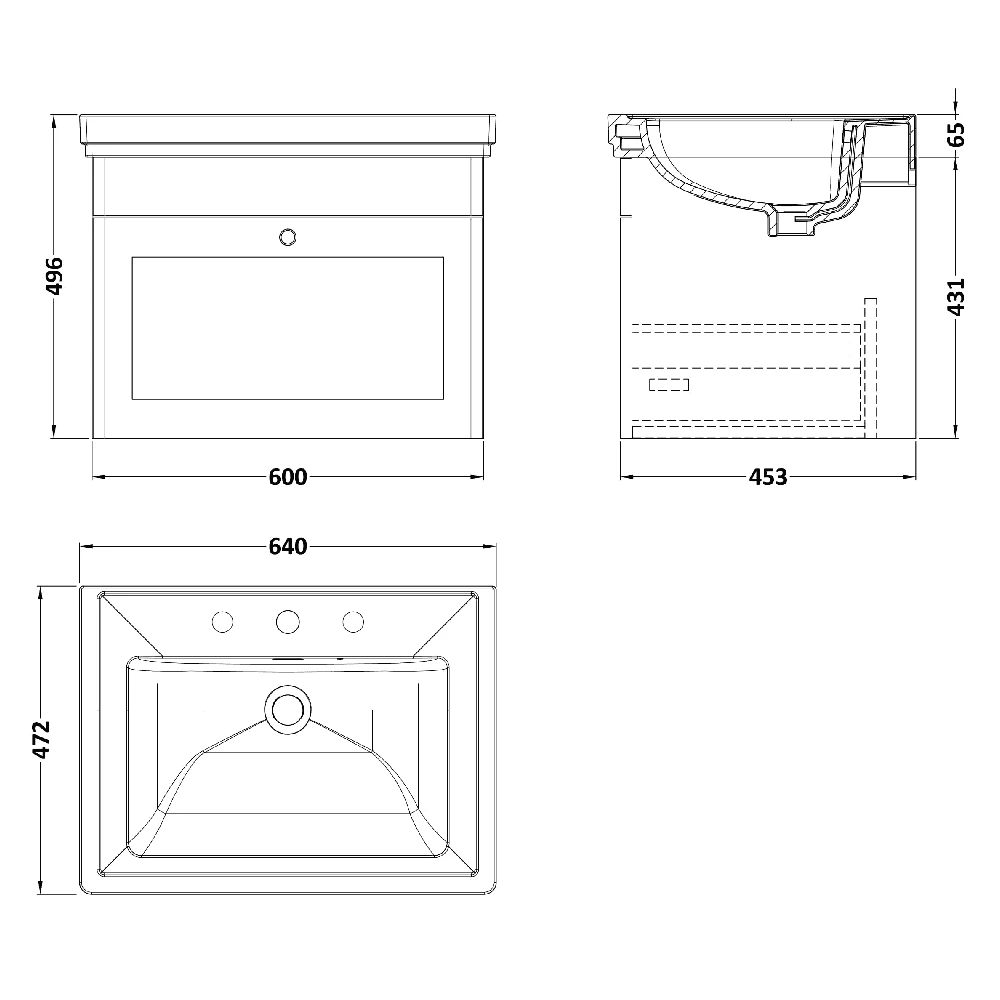 Nuie Classique Satin Green 600 Wall Hung 3-Drawer Vanity Unit & 3TH Basin 5 Nuie Classique Satin Green 600 Wall Hung 3-Drawer Vanity Unit & 3TH Basin - Image 3