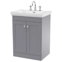 Nuie Classique Satin Grey 600 Floor Standing 2-Door Vanity Unit & 3TH Basin