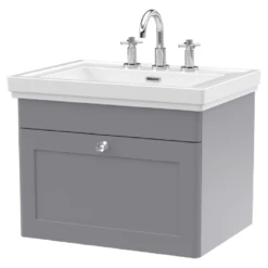 Nuie Classique Satin Grey 600 Wall Hung 3-Drawer Vanity Unit & 3TH Basin