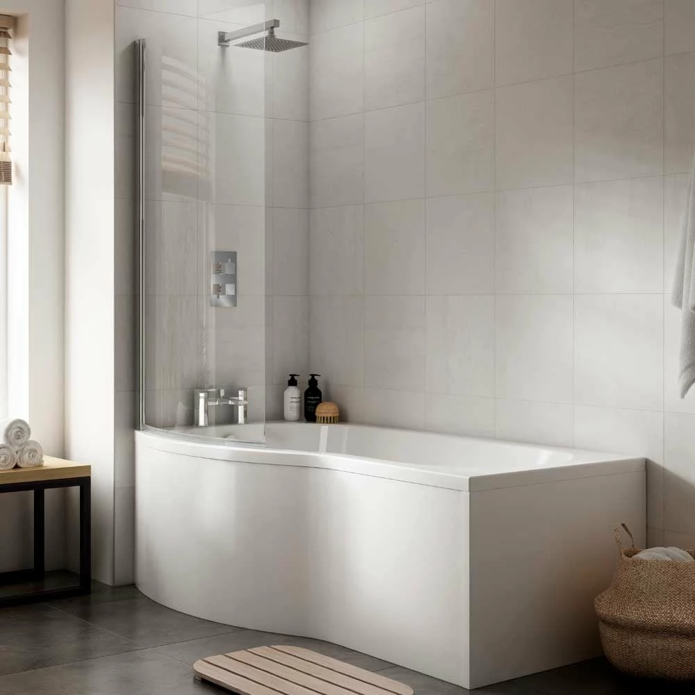 Nuie Curved B Shape 1500mm Shower Bath LH, Fixed Screen & White Panel 3 Nuie Curved B Shape 1500mm Shower Bath LH, Fixed Screen & White Panel