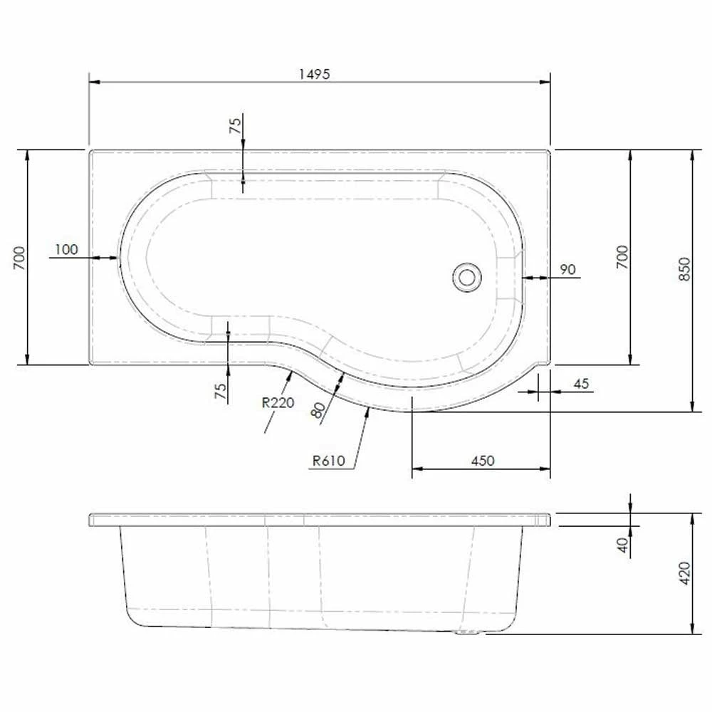 Nuie Curved P Shape 1500mm Shower Bath RH, Fixed Screen & White Panel 5 Nuie Curved P Shape 1500mm Shower Bath RH, Fixed Screen & White Panel - Image 3
