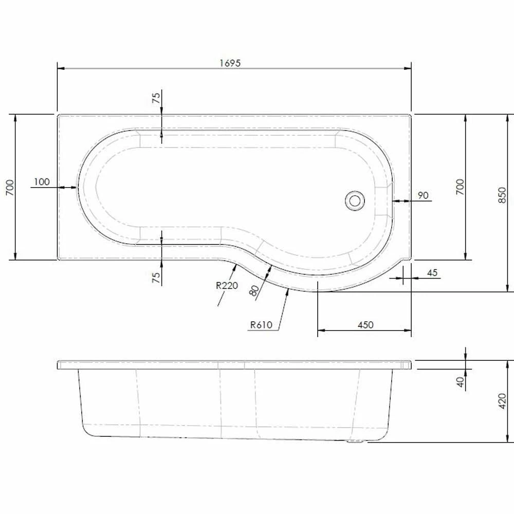 Nuie Curved P Shape 1700mm Shower Bath RH, Fixed Screen & White Panel 5 Nuie Curved P Shape 1700mm Shower Bath RH, Fixed Screen & White Panel - Image 3