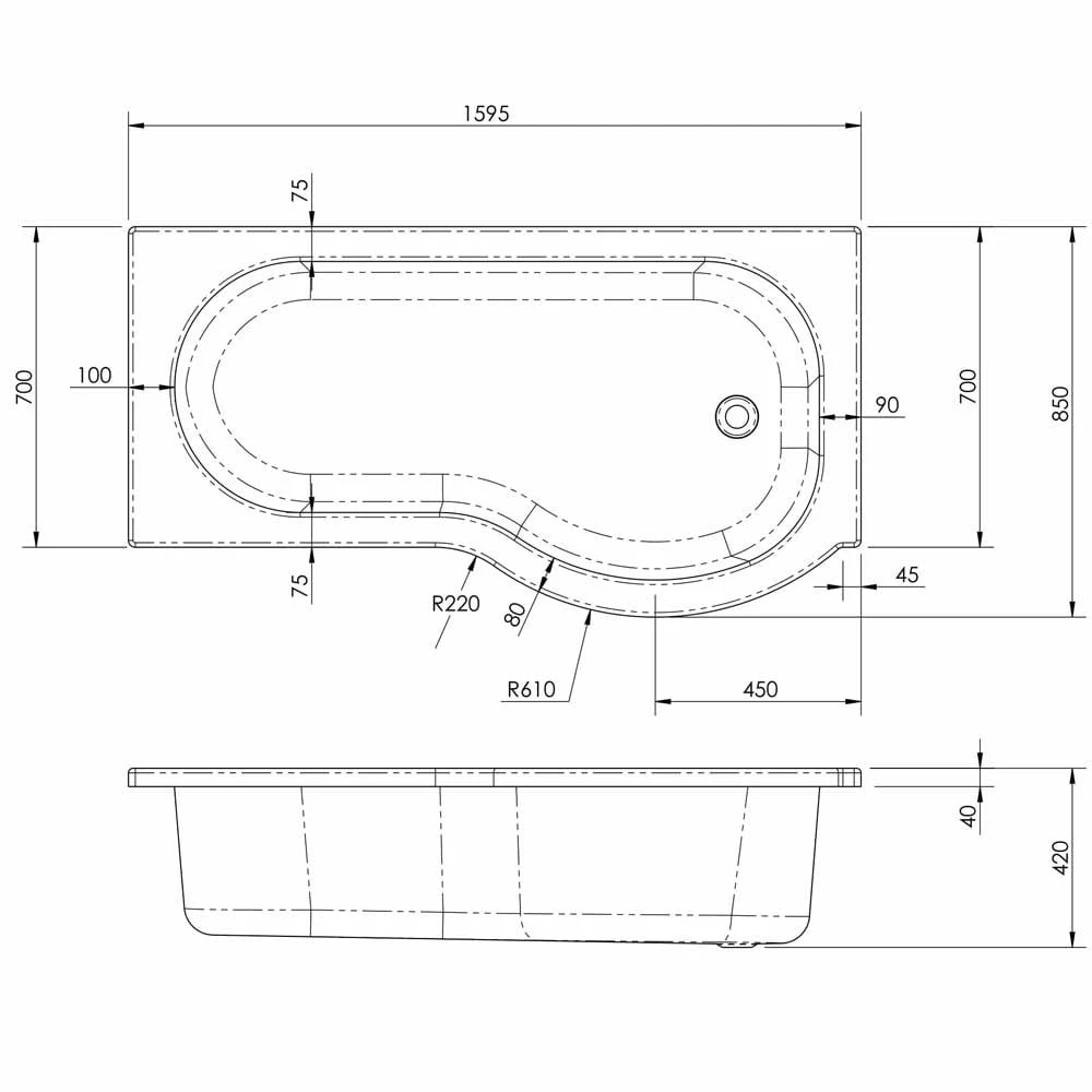 Nuie Curved P Shaped Single Ended Bath RH 1600x850x700 5 Nuie Curved P Shaped Single Ended Bath RH 1600x850x700 - Image 3