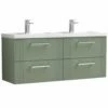 Nuie Deco Satin Reed Green 1200 Wall Hung 4-Drawer Vanity Unit & Double Basin -TAPS UK Sales nuie deco satin reed green 1200 wall hung 4 drawer vanity unit double basin p62672 271009 image