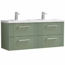 Nuie Deco Satin Reed Green 1200 Wall Hung 4-Drawer Vanity Unit & Double Basin