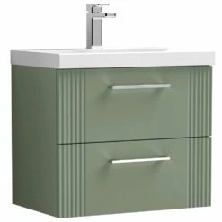 Nuie Deco Satin Reed Green 600mm Wall Hung 2-Drawer Vanity Unit & Basin 1