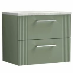 Nuie Deco Satin Reed Green 600mm Wall Hung 2-Drawer Vanity Unit & Laminate Top